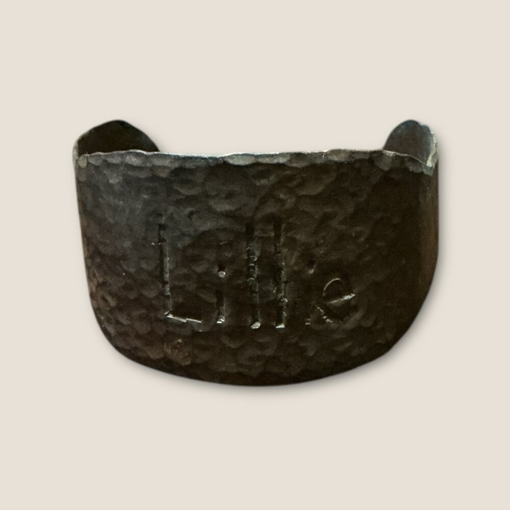 Wide Hammered Metal Cuff Bracelet With "Lillie" Name Engraved - Picture 3 of 5